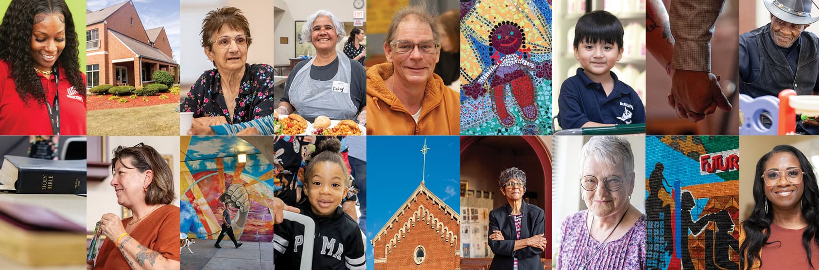 Faces of those served by Catholic Charities and volunteers