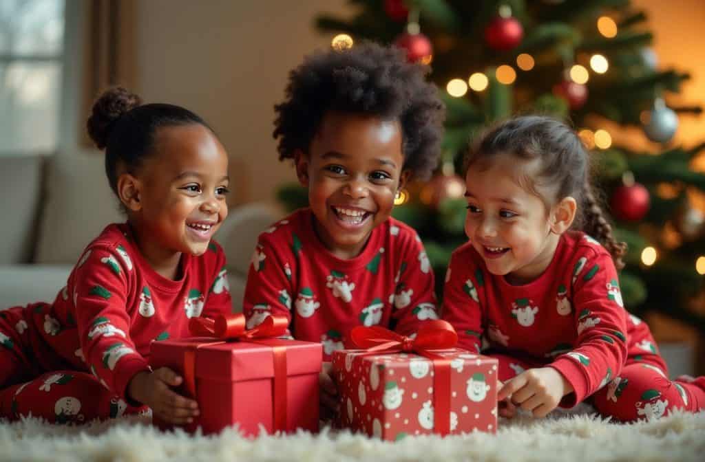 Three children in red pajamas unboxing Christmas gifts
